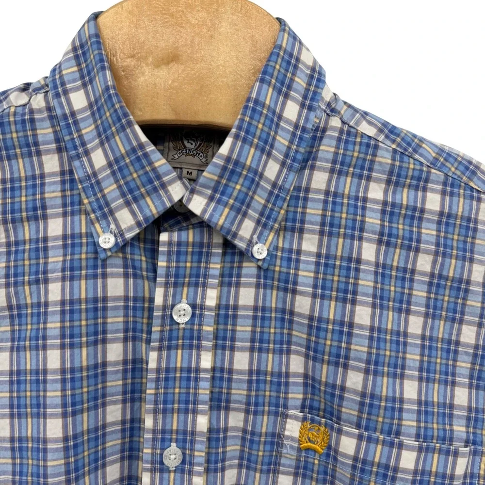 Cinch Button Down Shirt Mens Medium Blue Plaid Short Sleeve Cotton Western